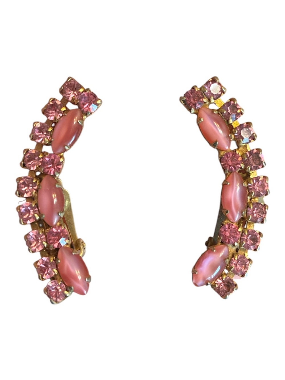 Pink Rhinestone Marquise Crawler Clip On Earrings